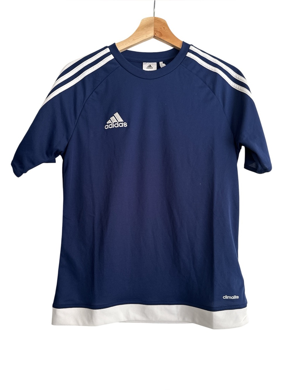 Adidas Youth Dark Blue White Stripes Athletic Tee Short Sleeve
